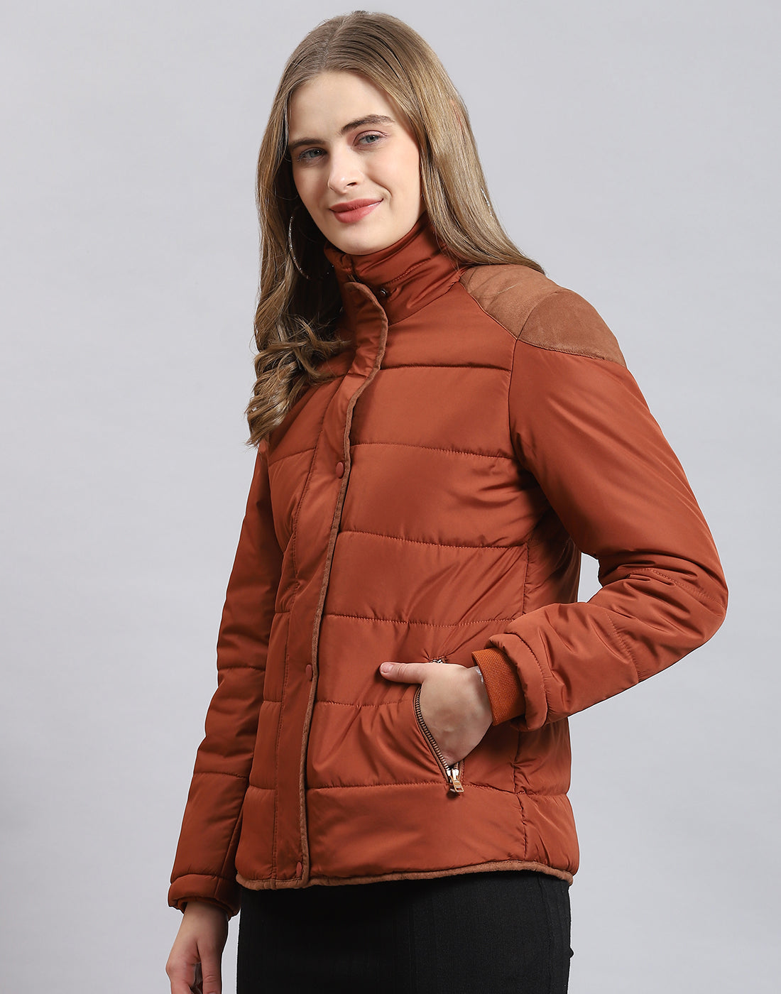 Women Brown Solid Stand Collar Full Sleeve Jacket