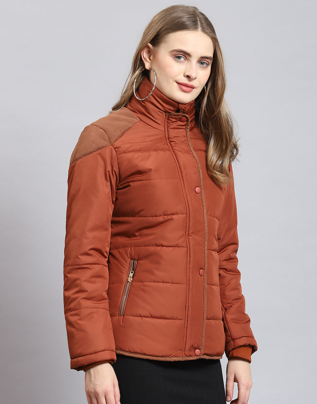 Women Brown Solid Stand Collar Full Sleeve Jacket