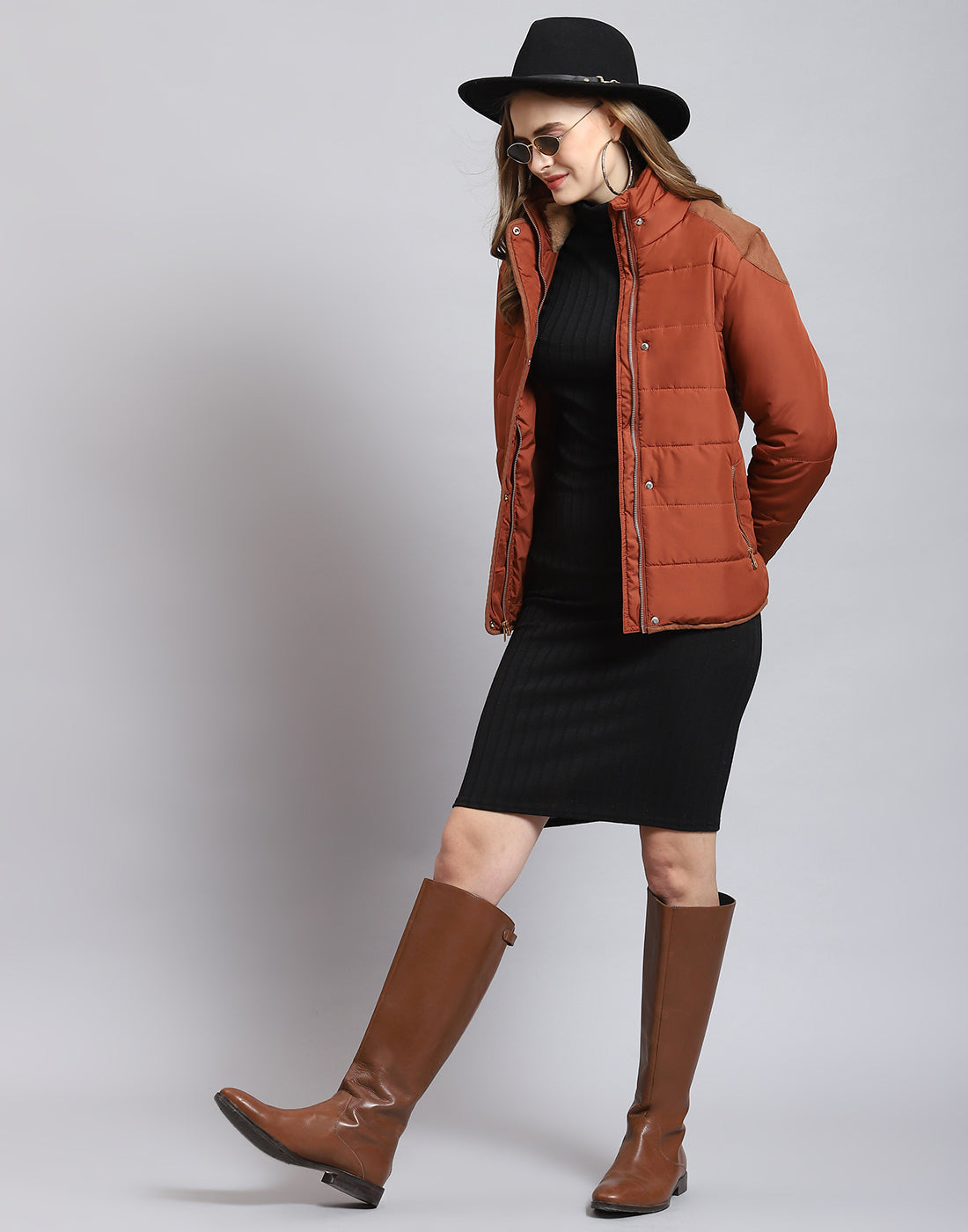 Women Brown Solid Stand Collar Full Sleeve Jacket