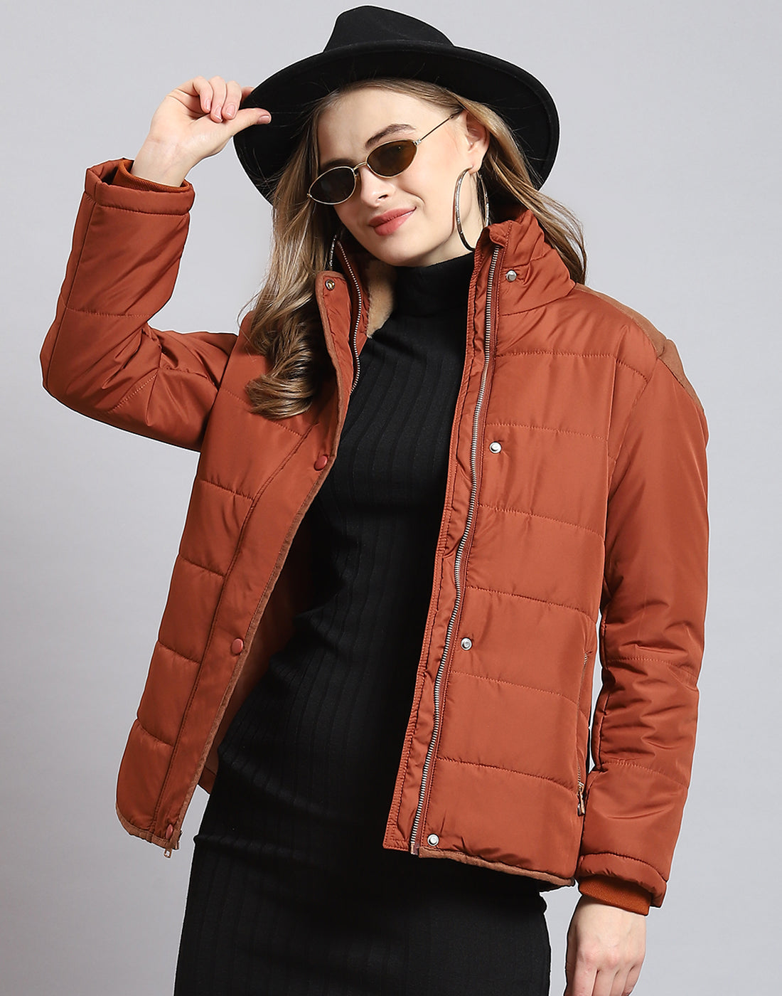 Women Brown Solid Stand Collar Full Sleeve Jacket