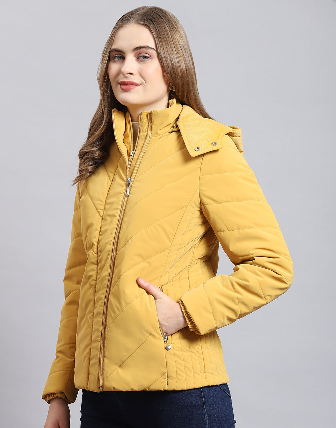 Women Mustard Solid Hooded Full Sleeve Jacket