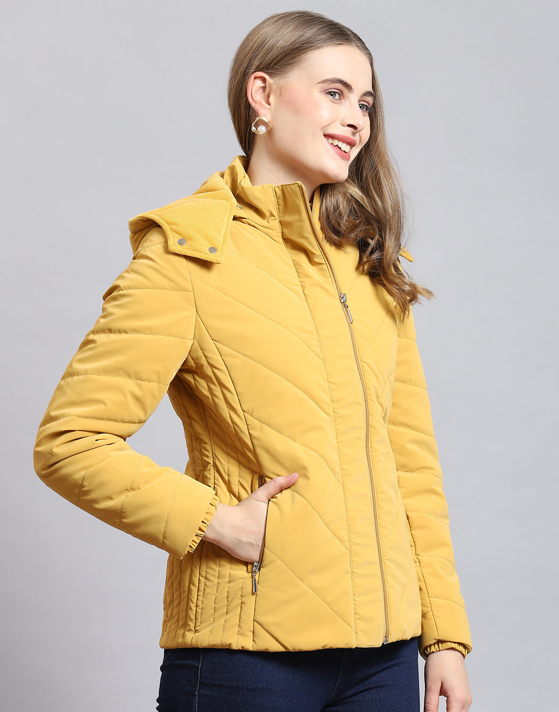 Women Mustard Solid Hooded Full Sleeve Jacket