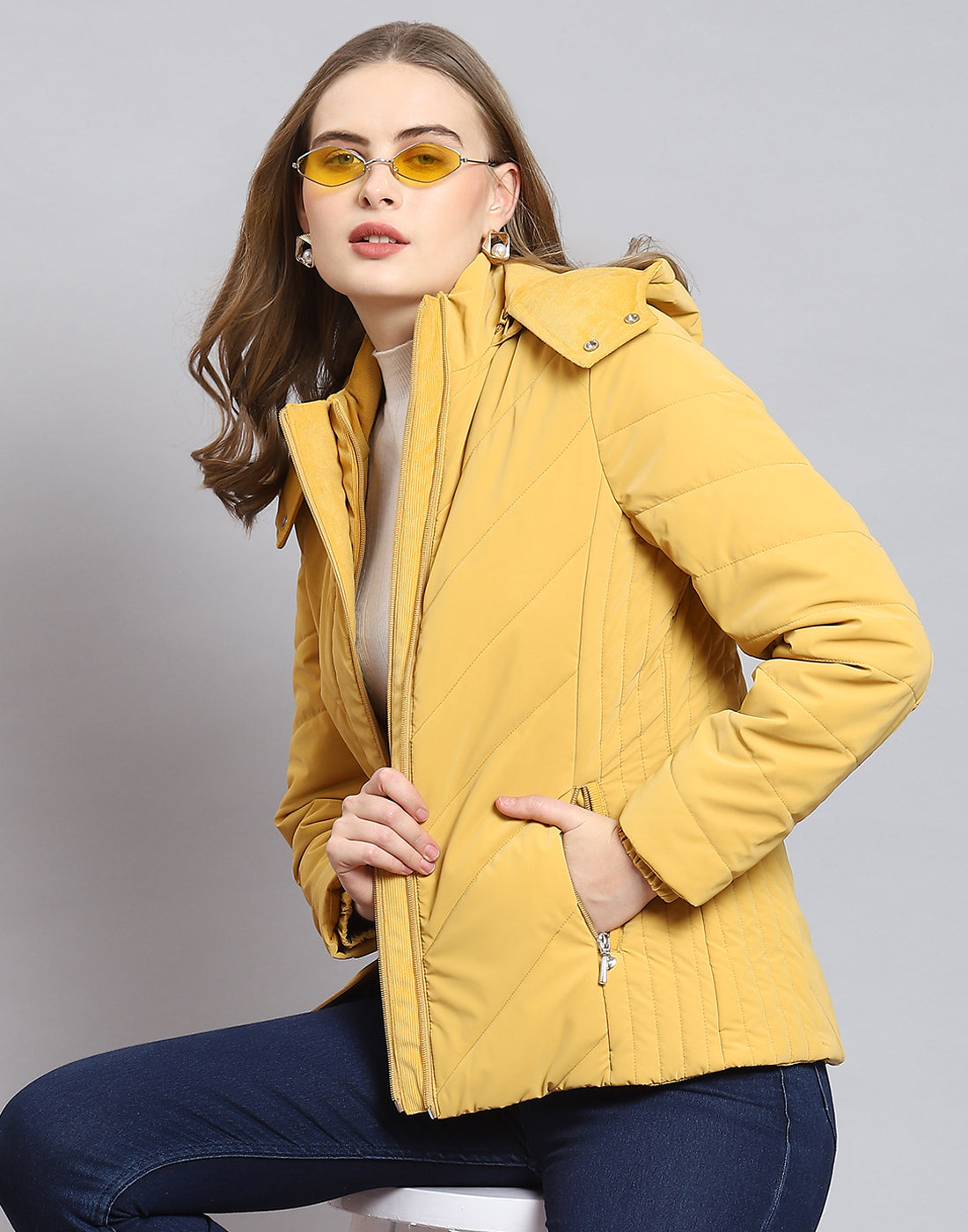 Women Mustard Solid Hooded Full Sleeve Jacket