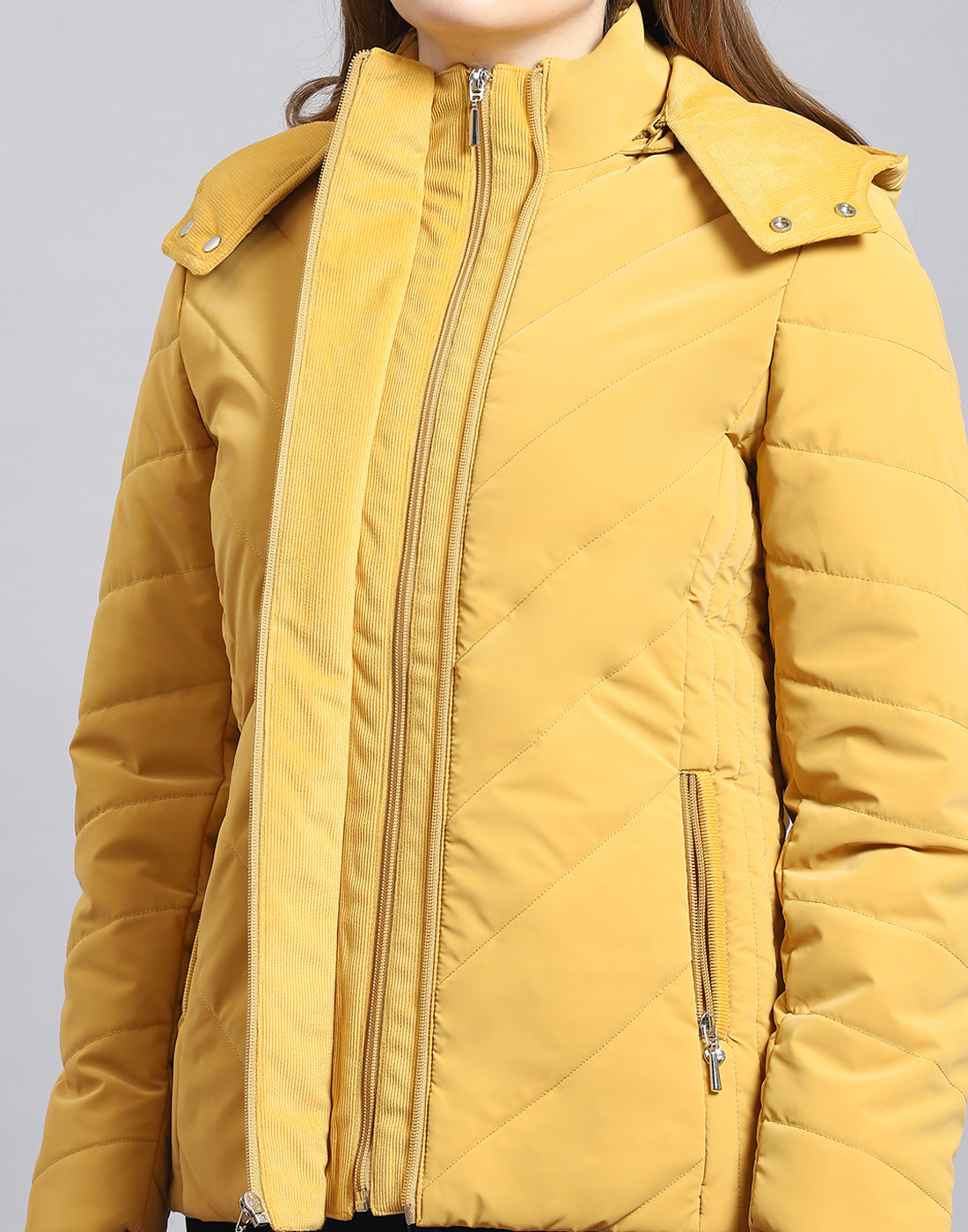 Women Mustard Solid Hooded Full Sleeve Jacket