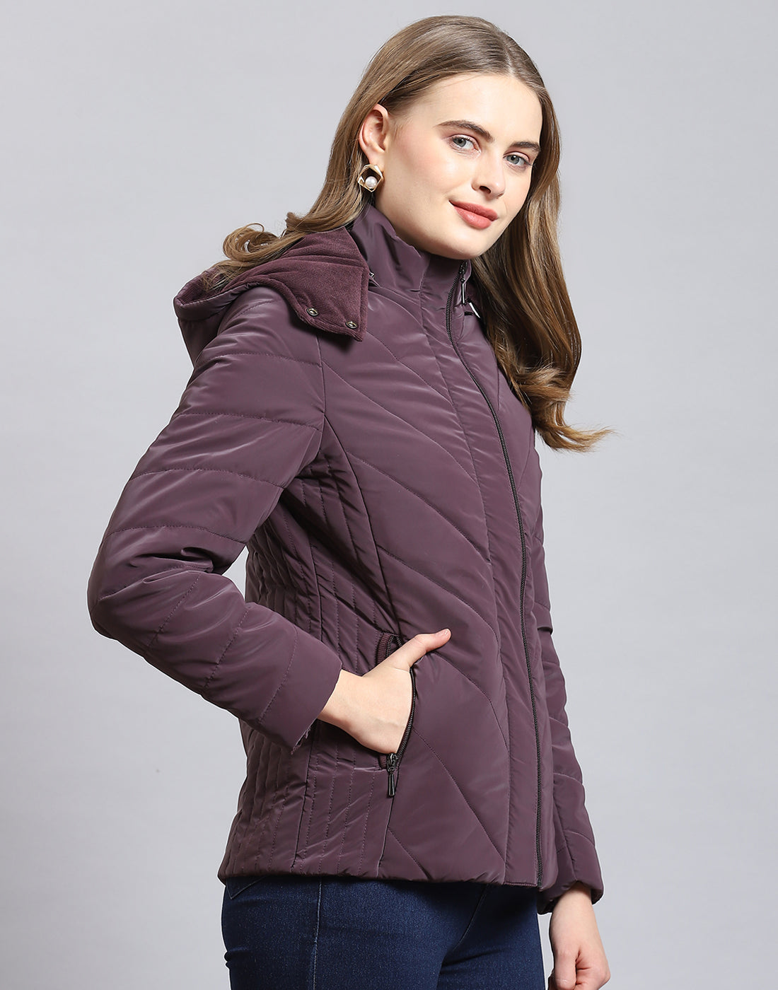 Women Purple Solid Hooded Full Sleeve Jacket