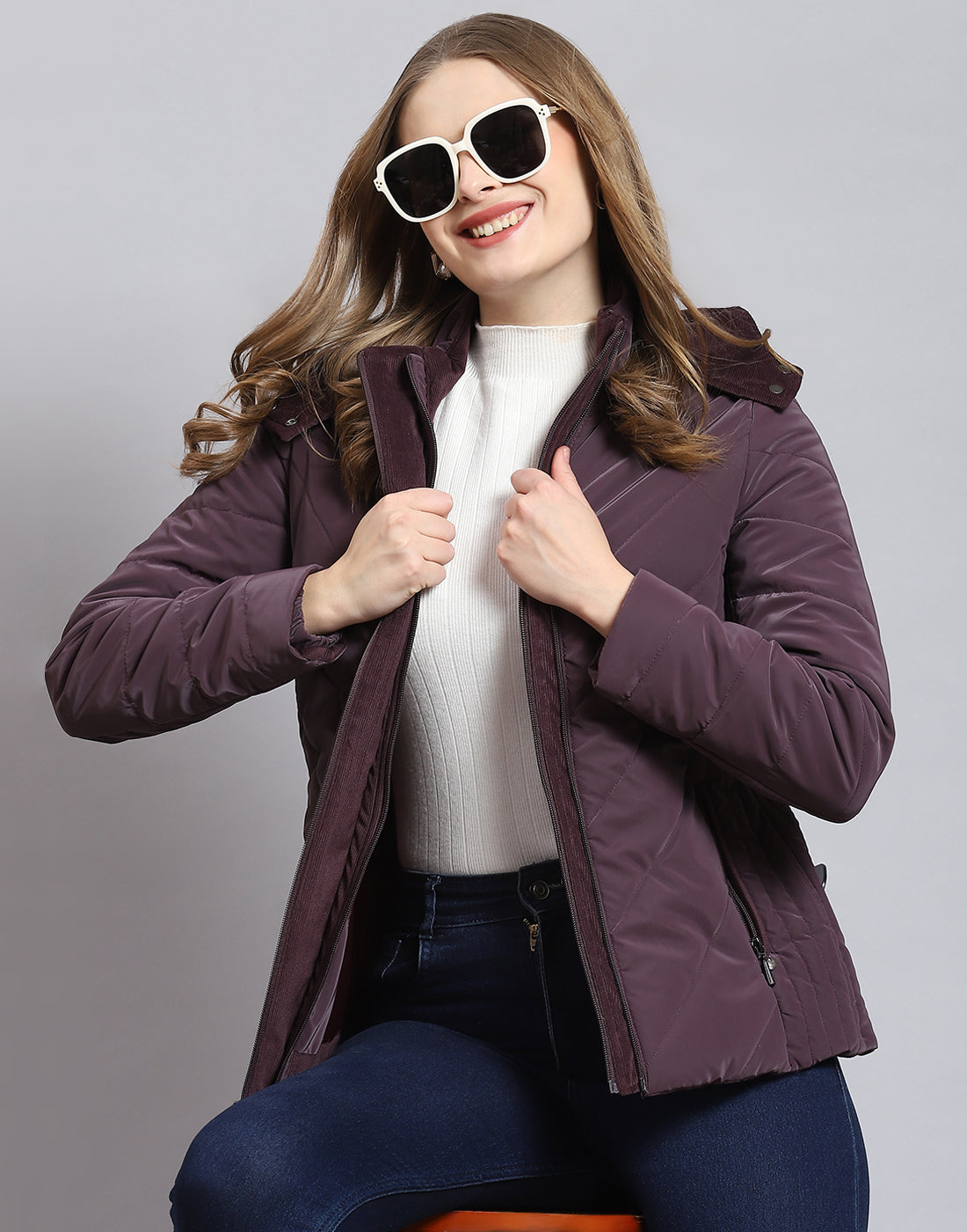 Women Purple Solid Hooded Full Sleeve Jacket