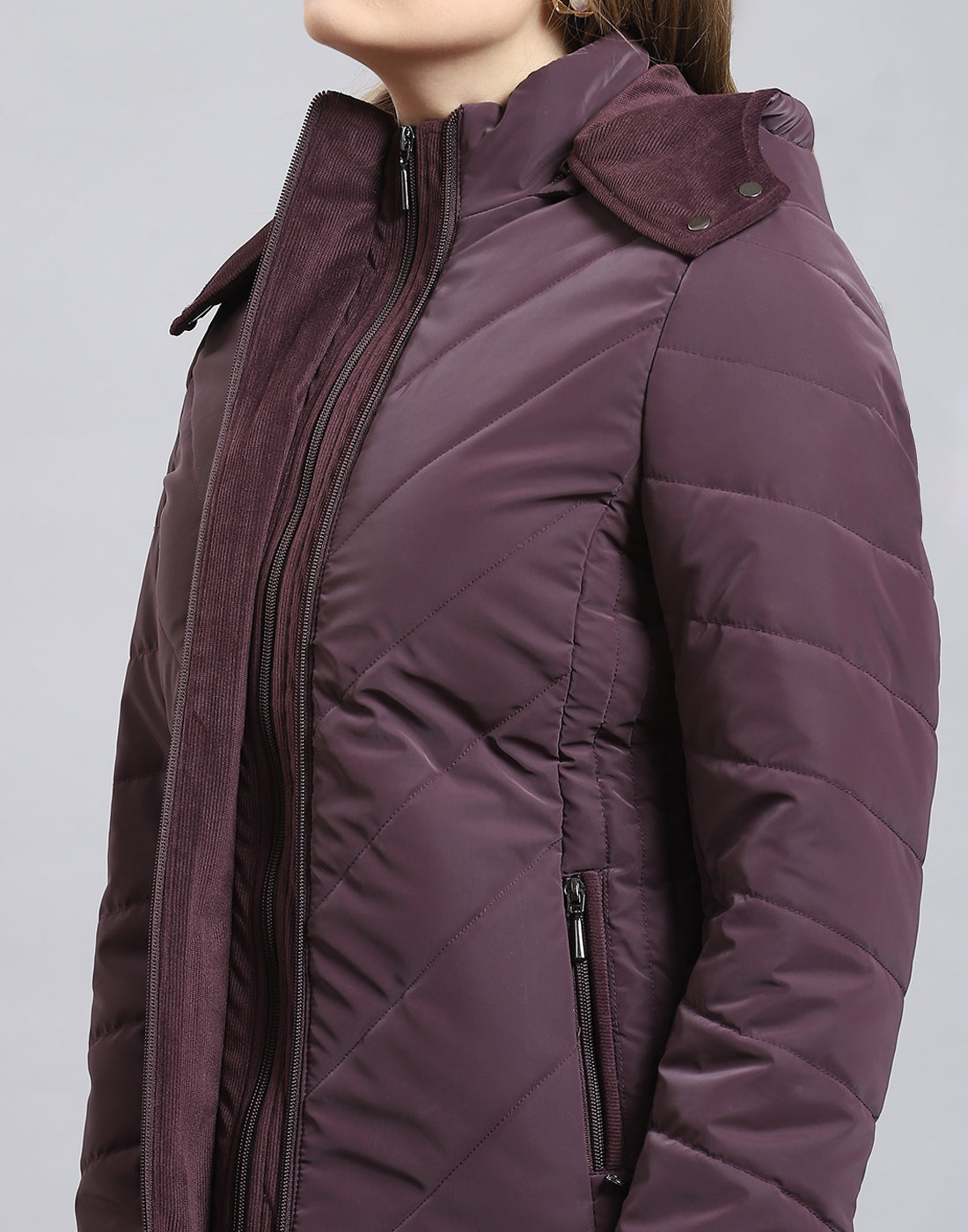 Women Purple Solid Hooded Full Sleeve Jacket