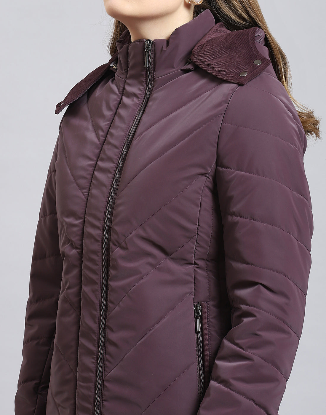 Women Purple Solid Hooded Full Sleeve Jacket