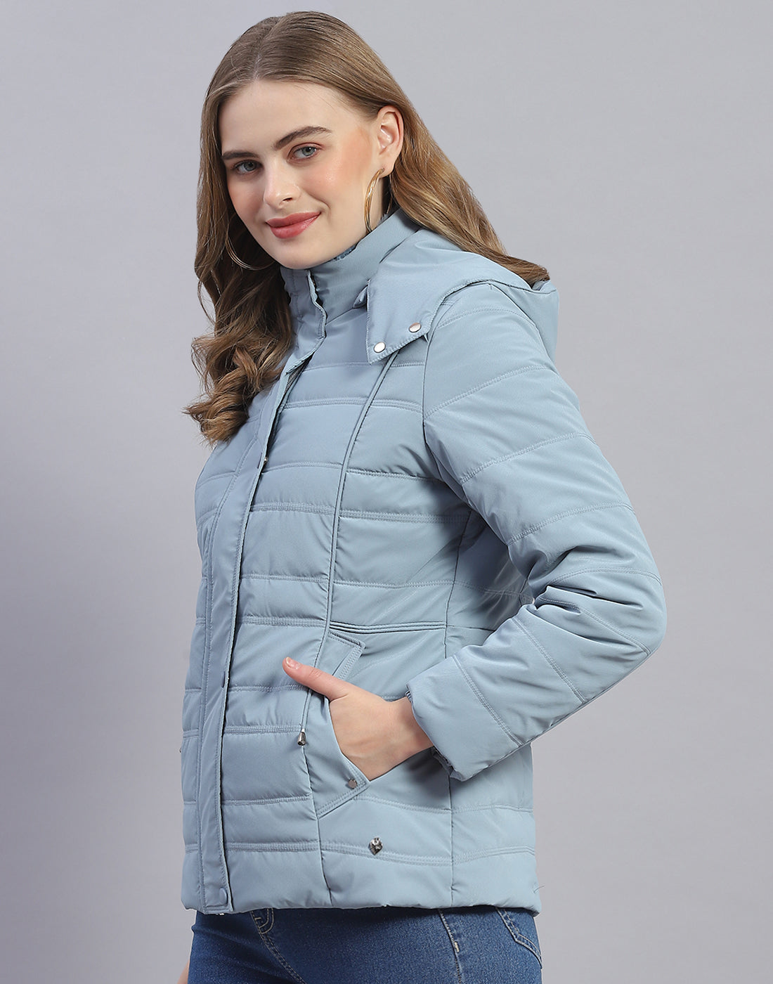 Women Blue Solid Hooded Full Sleeve Jacket