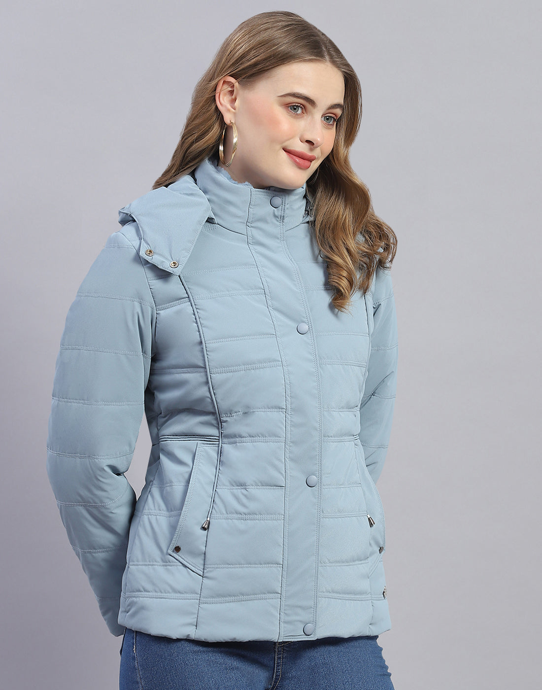 Women Blue Solid Hooded Full Sleeve Jacket