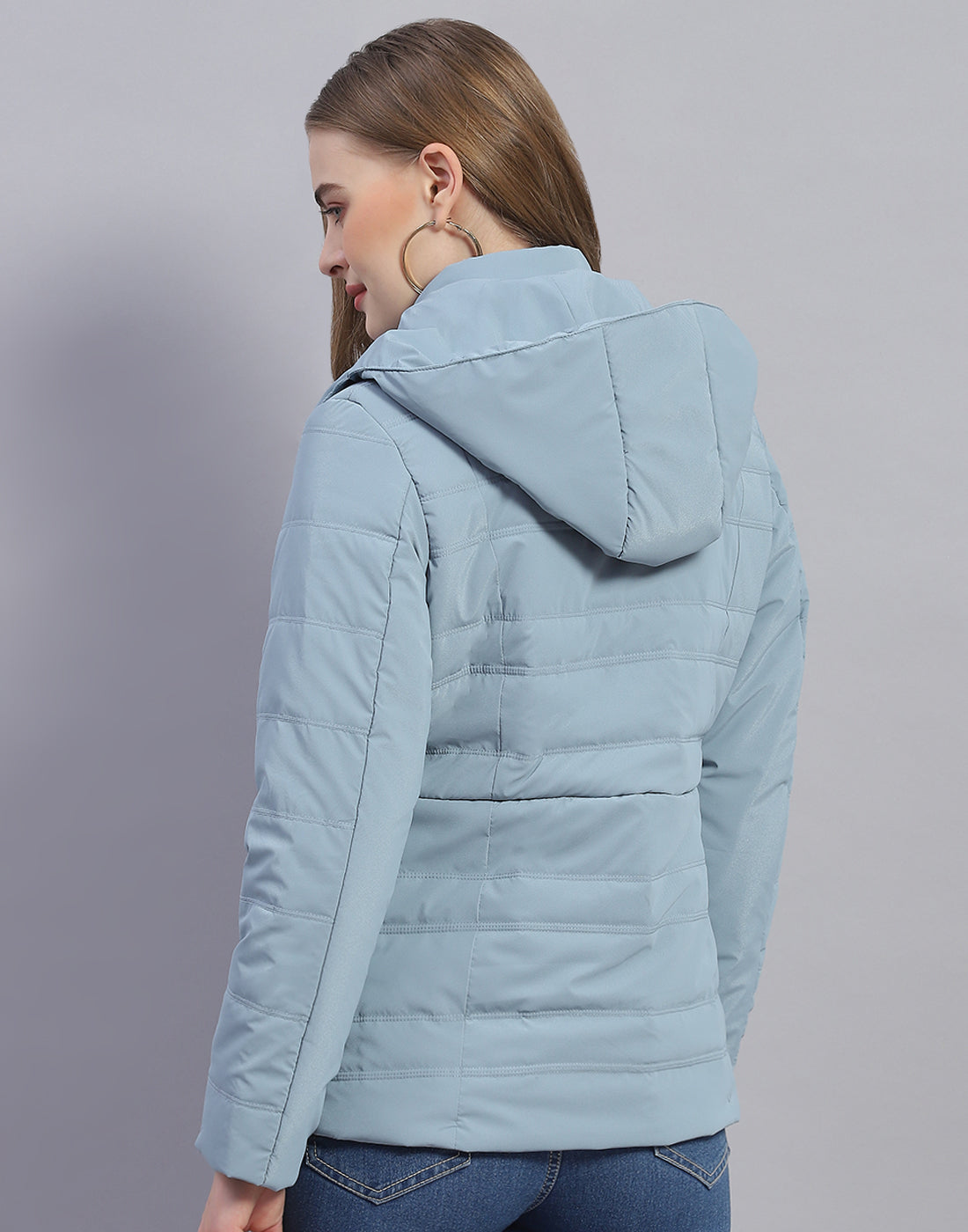 Women Blue Solid Hooded Full Sleeve Jacket