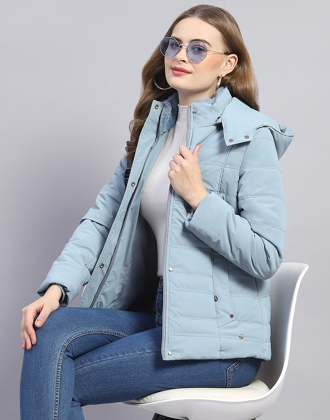 Women Blue Solid Hooded Full Sleeve Jacket