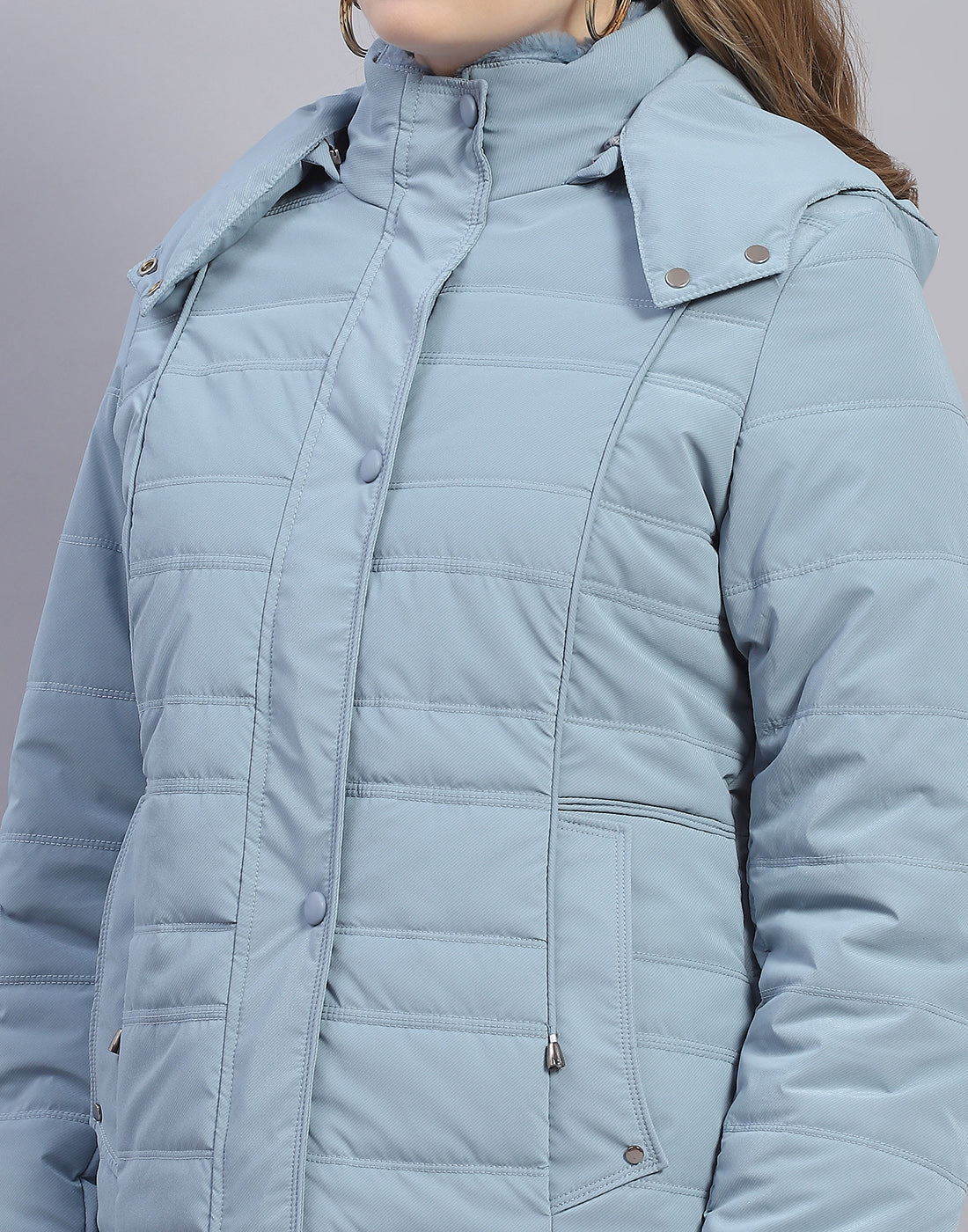 Women Blue Solid Hooded Full Sleeve Jacket