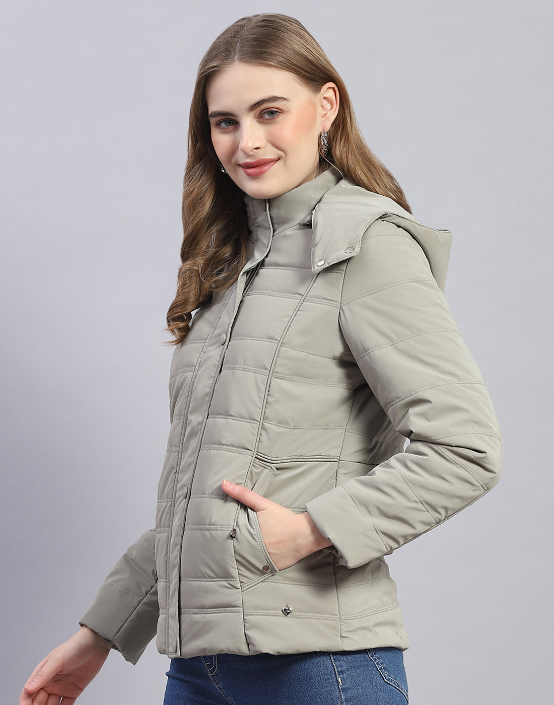 Women Olive Solid Hooded Full Sleeve Jacket