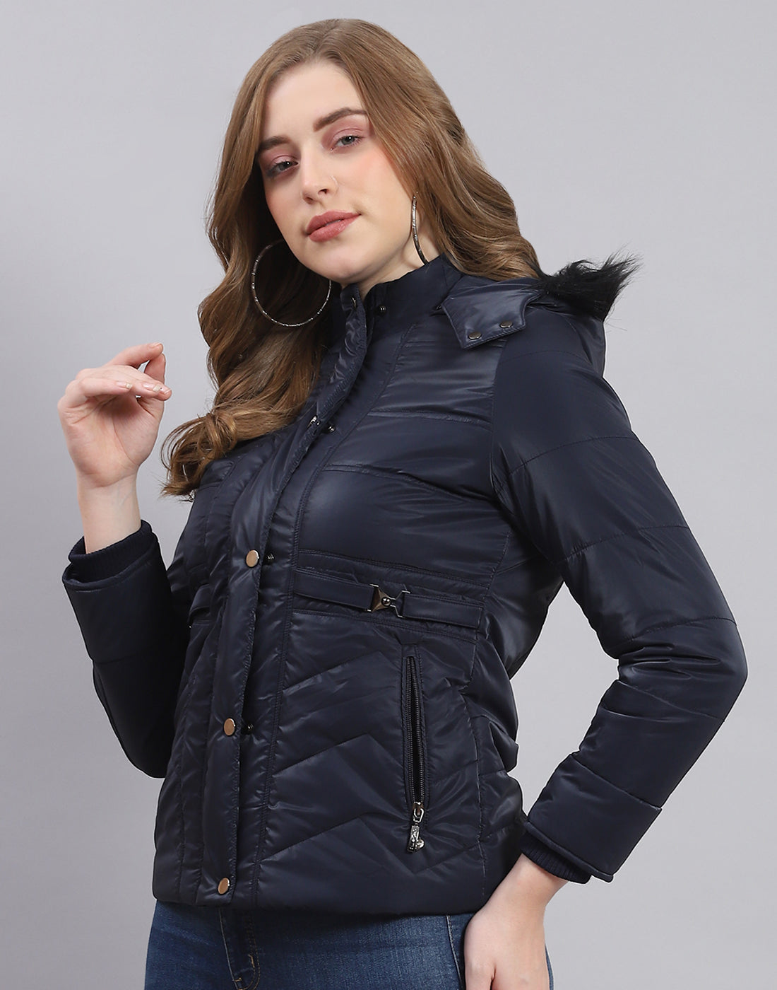 Women Navy Blue Solid Hooded Full Sleeve Jacket