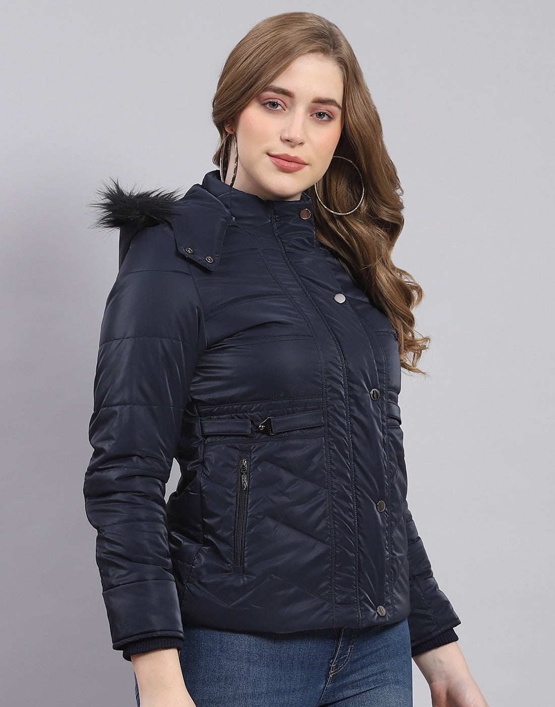 Women Navy Blue Solid Hooded Full Sleeve Jacket