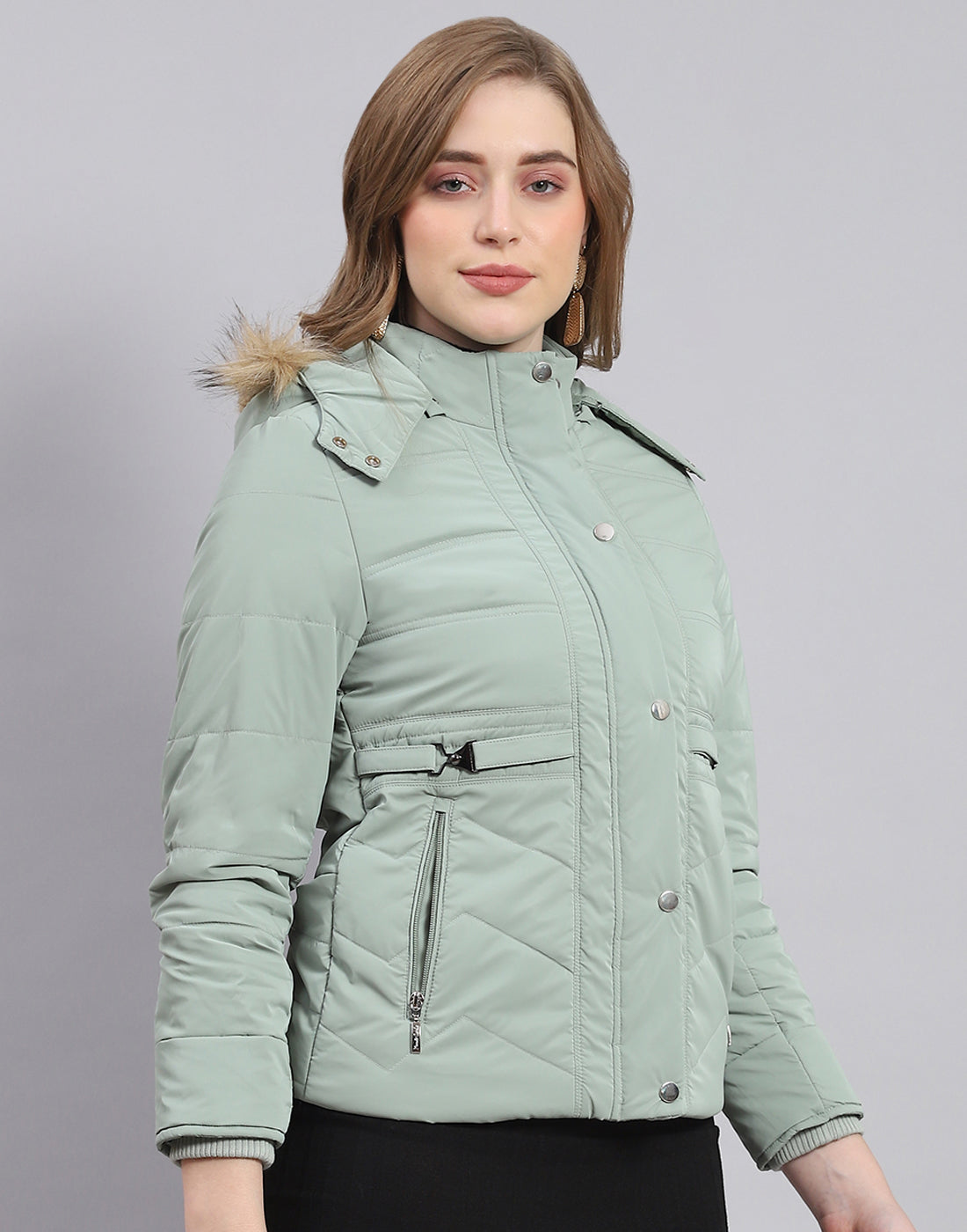 Women Green Solid Hooded Full Sleeve Jacket