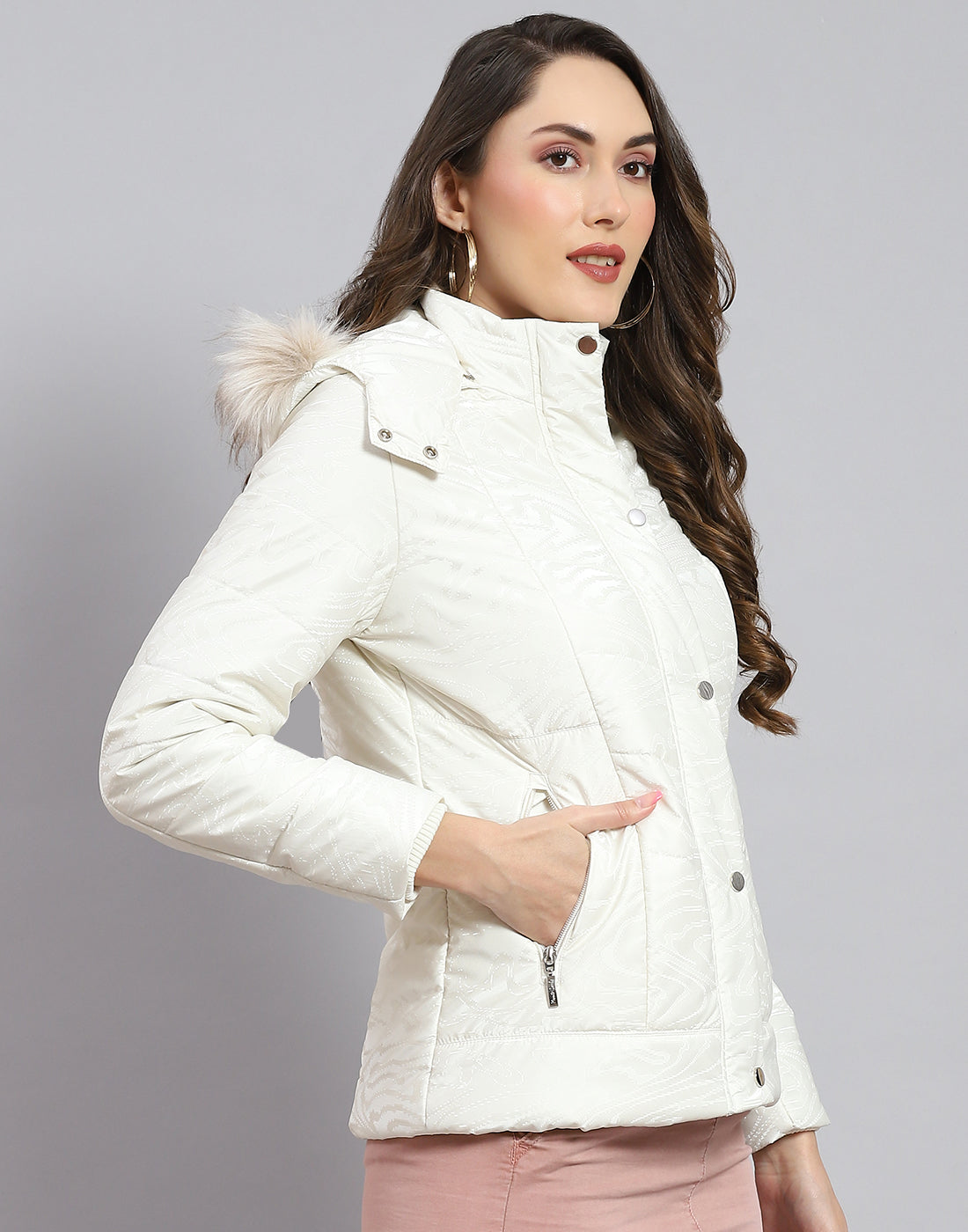 Women White Solid Hooded Full Sleeve Jacket