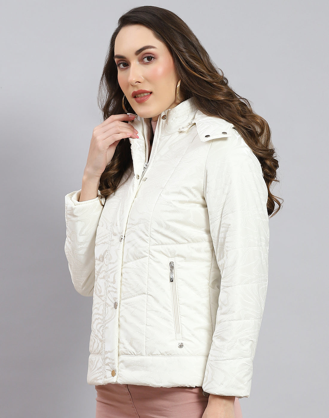 Women White Solid Hooded Full Sleeve Jacket