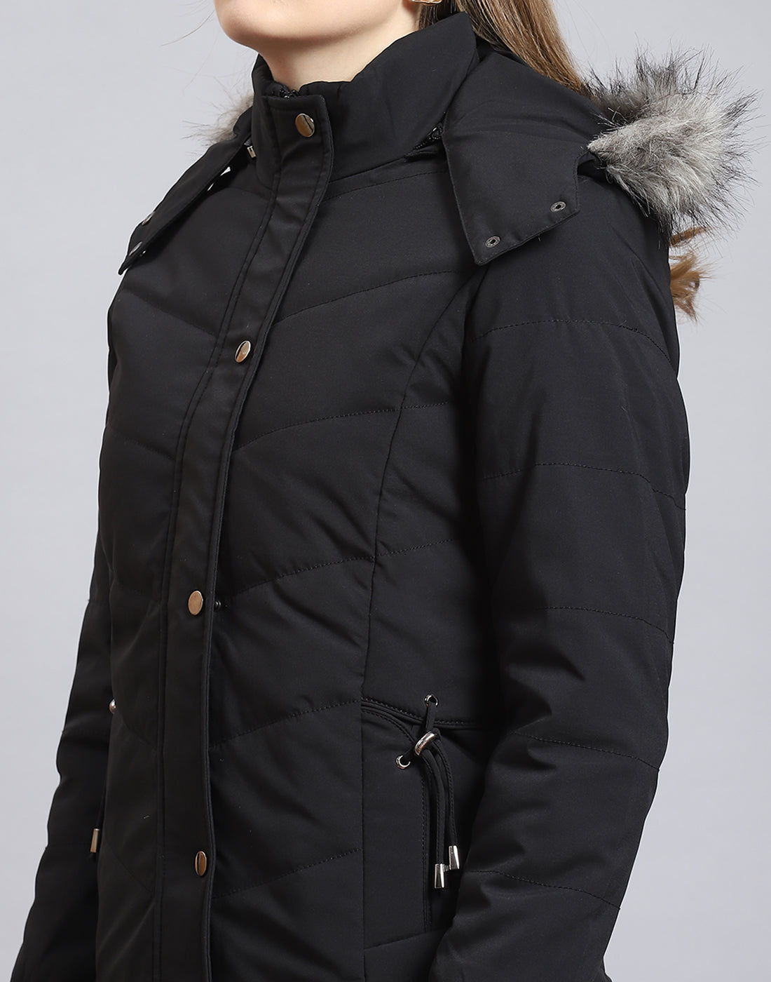 Women Black Solid Hooded Full Sleeve Jacket