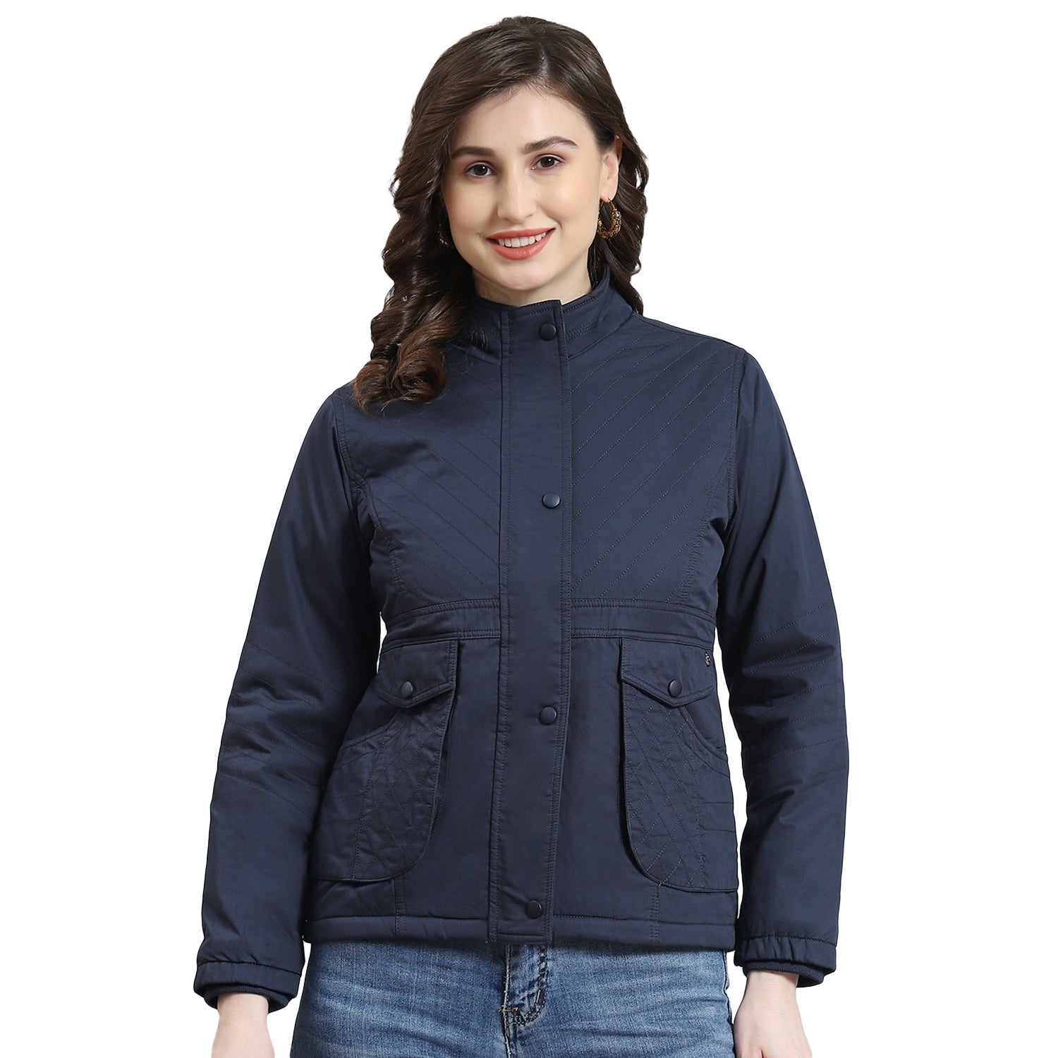 Women Navy Blue Solid Stand Collar Full Sleeve Jacket