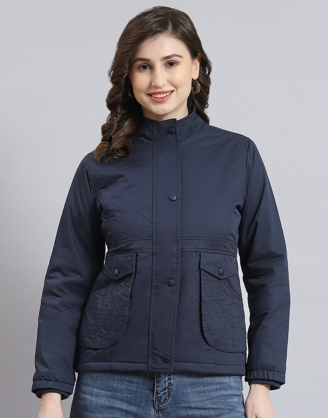 Women Navy Blue Solid Stand Collar Full Sleeve Jacket