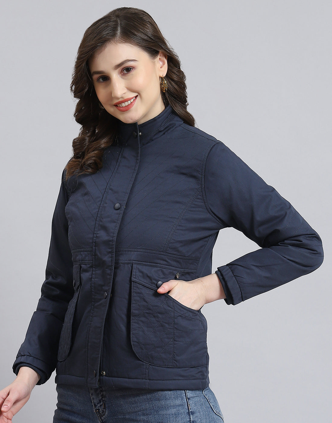 Women Navy Blue Solid Stand Collar Full Sleeve Jacket