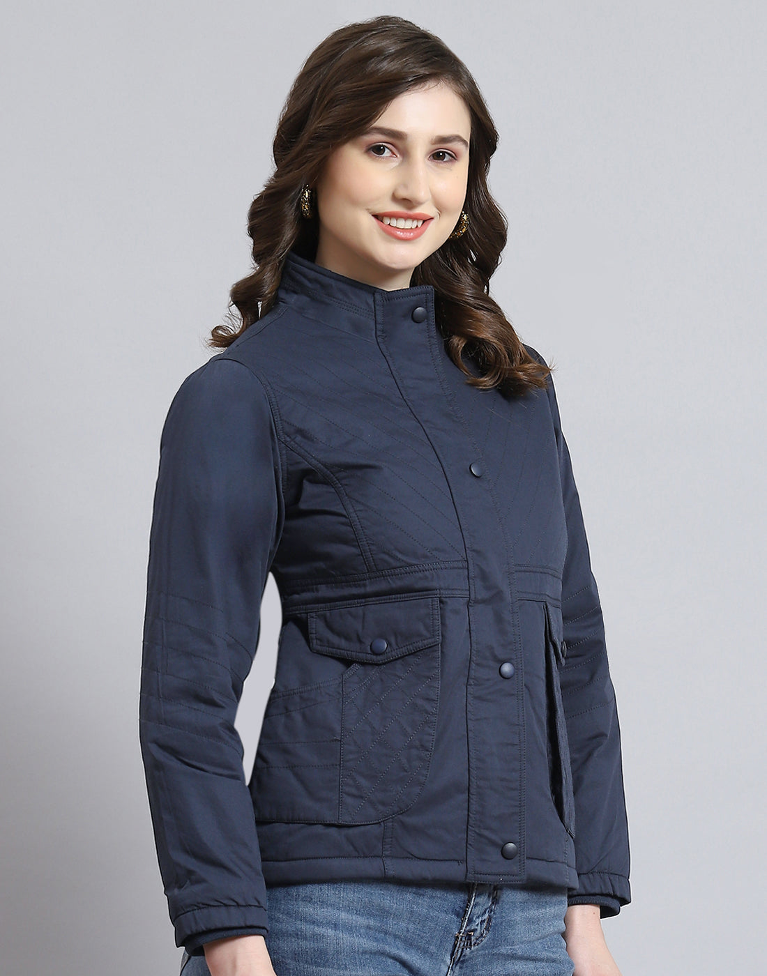 Women Navy Blue Solid Stand Collar Full Sleeve Jacket