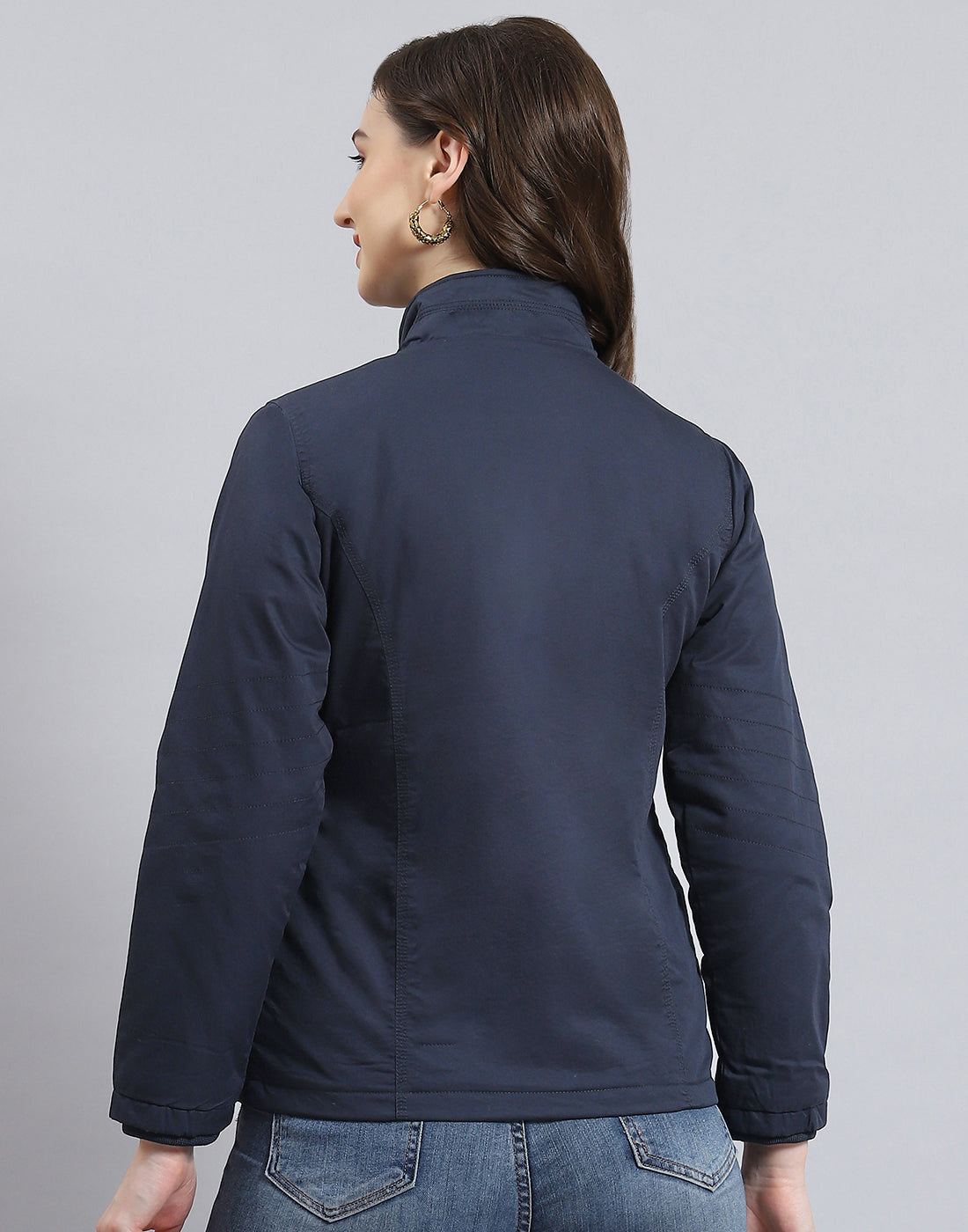 Women Navy Blue Solid Stand Collar Full Sleeve Jacket