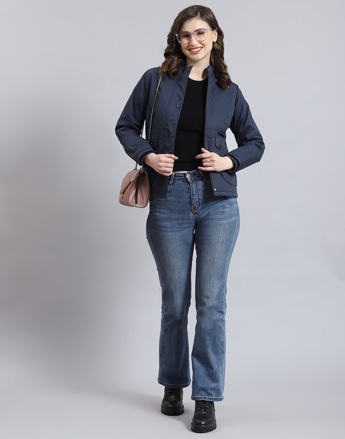 Women Navy Blue Solid Stand Collar Full Sleeve Jacket