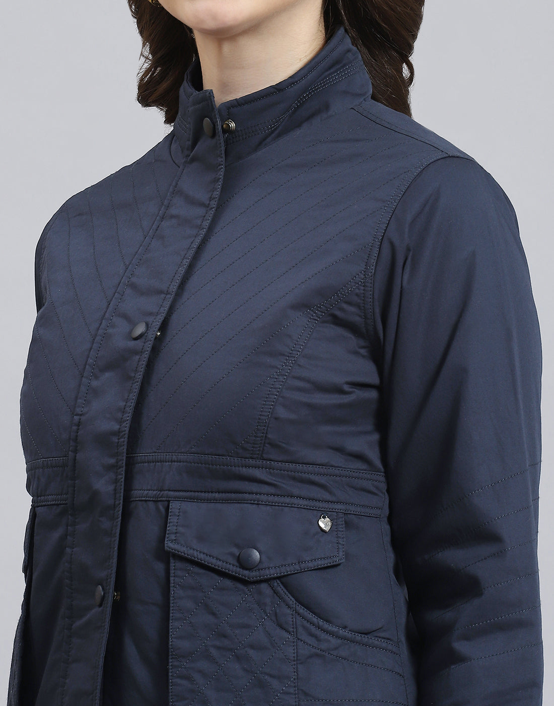 Women Navy Blue Solid Stand Collar Full Sleeve Jacket