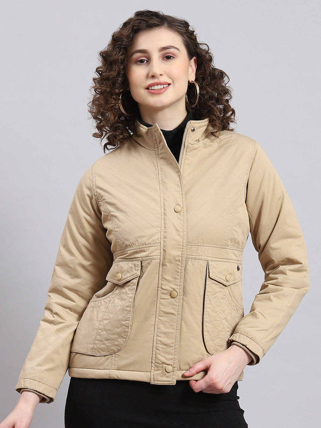 Women Beige Solid Stand Collar Full Sleeve Jacket