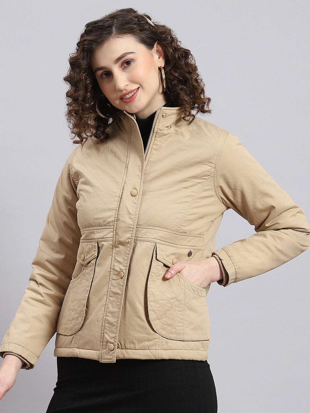 Women Beige Solid Stand Collar Full Sleeve Jacket