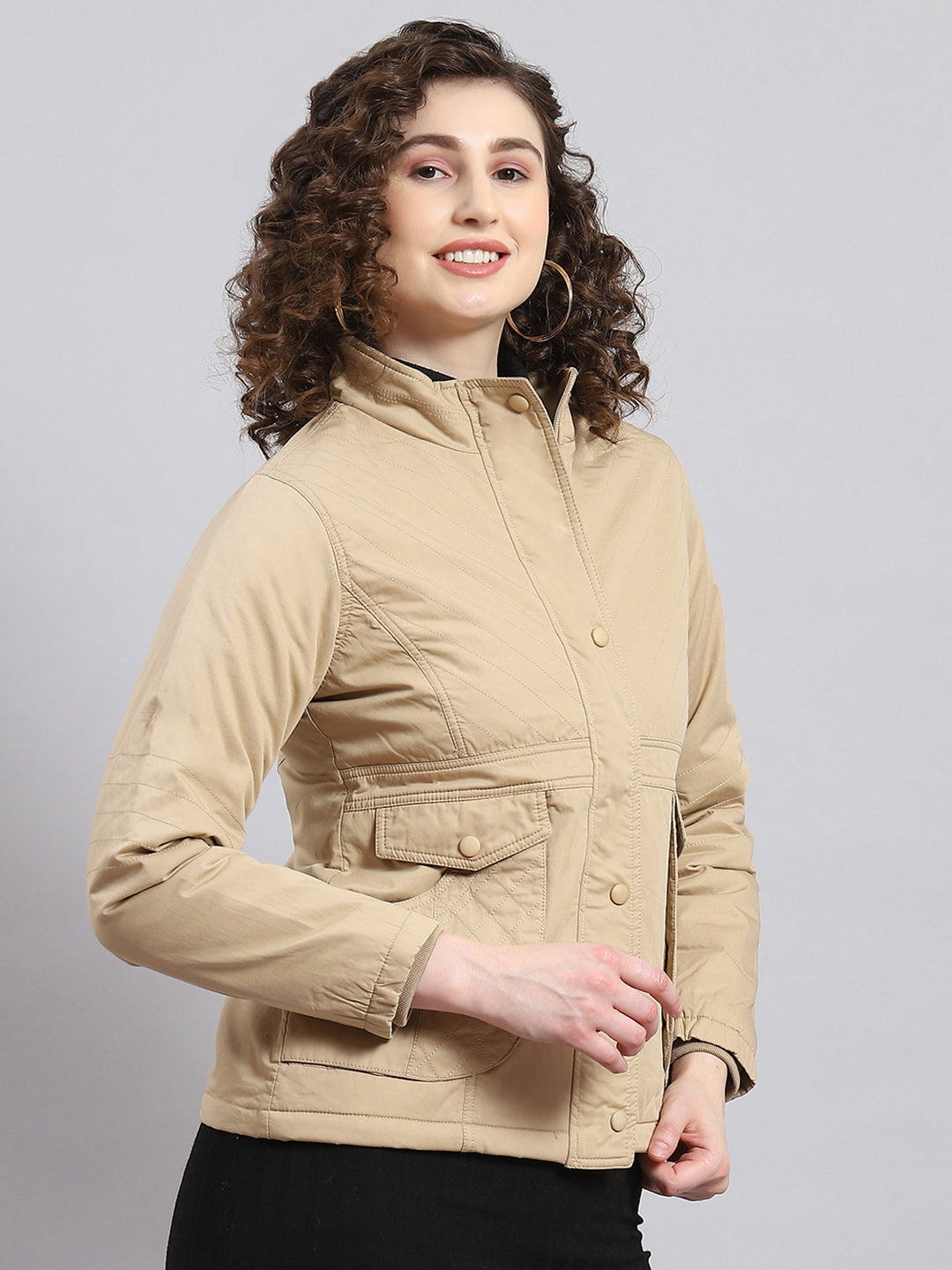 Women Beige Solid Stand Collar Full Sleeve Jacket