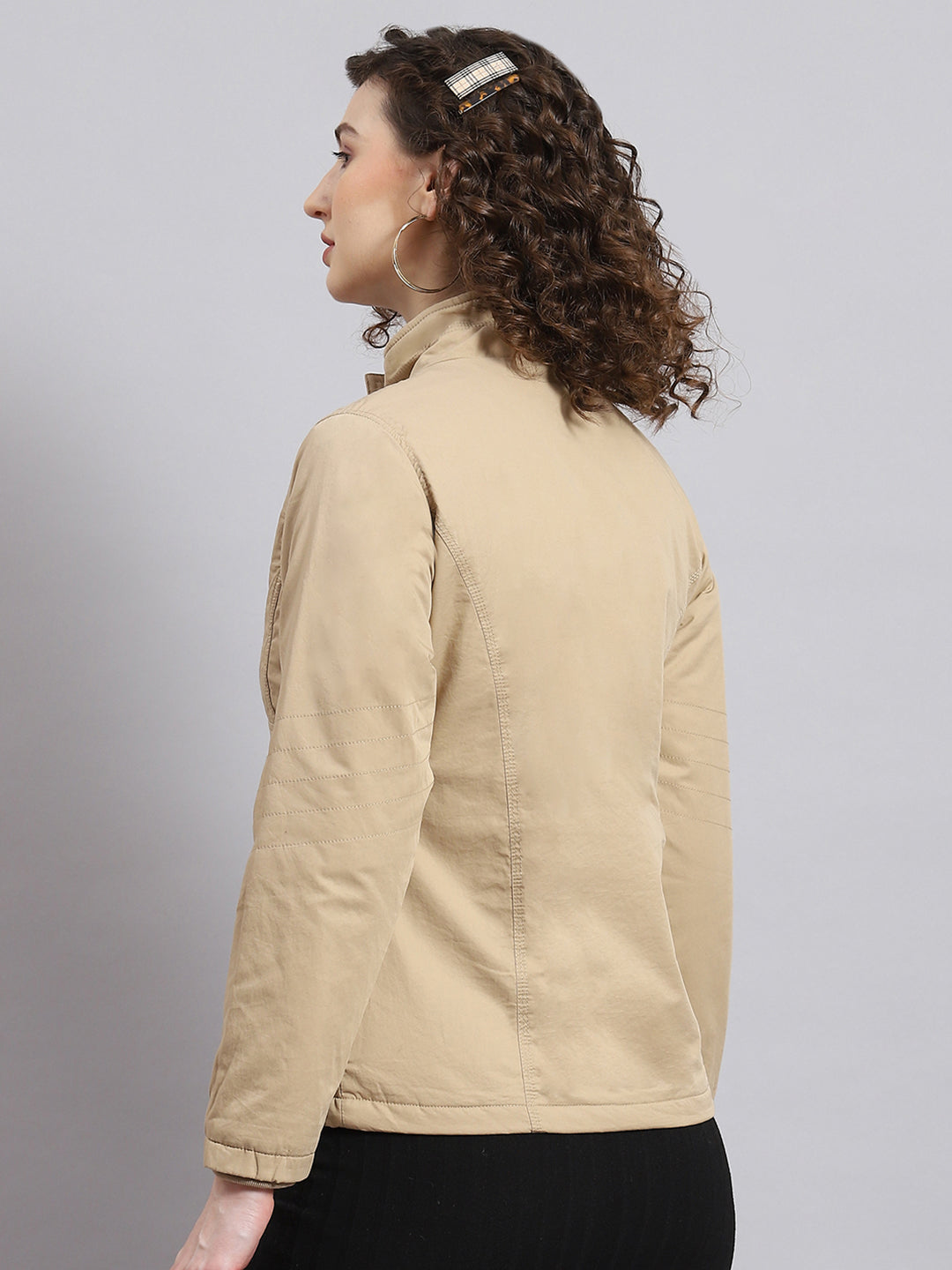 Women Beige Solid Stand Collar Full Sleeve Jacket