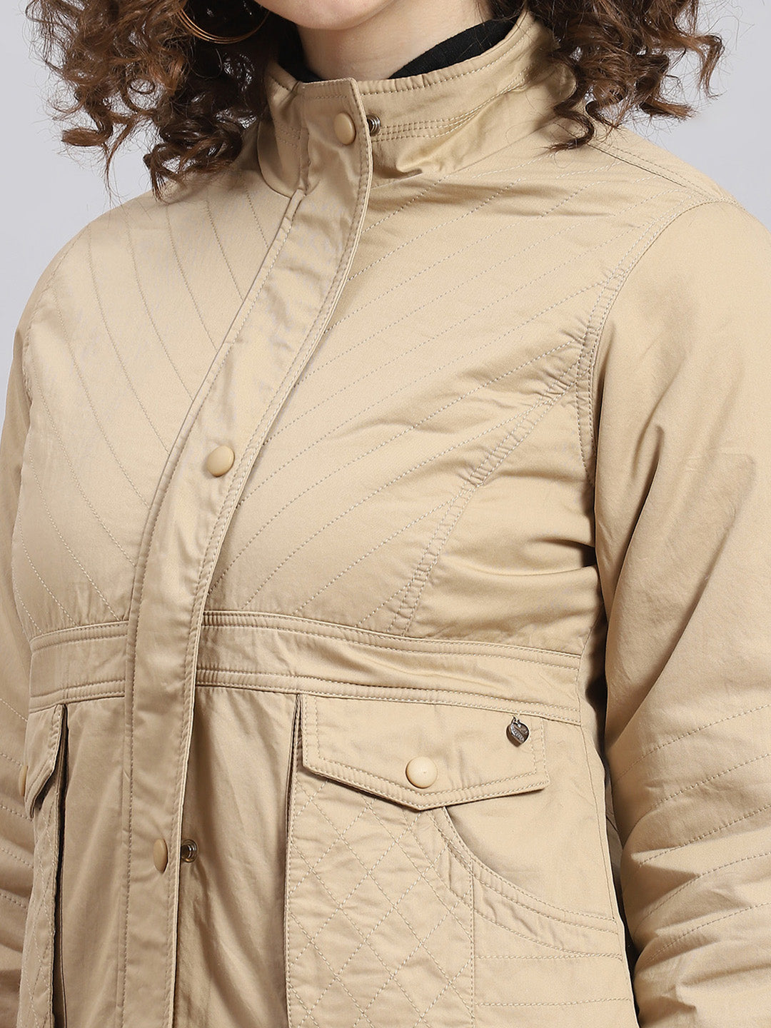 Women Beige Solid Stand Collar Full Sleeve Jacket