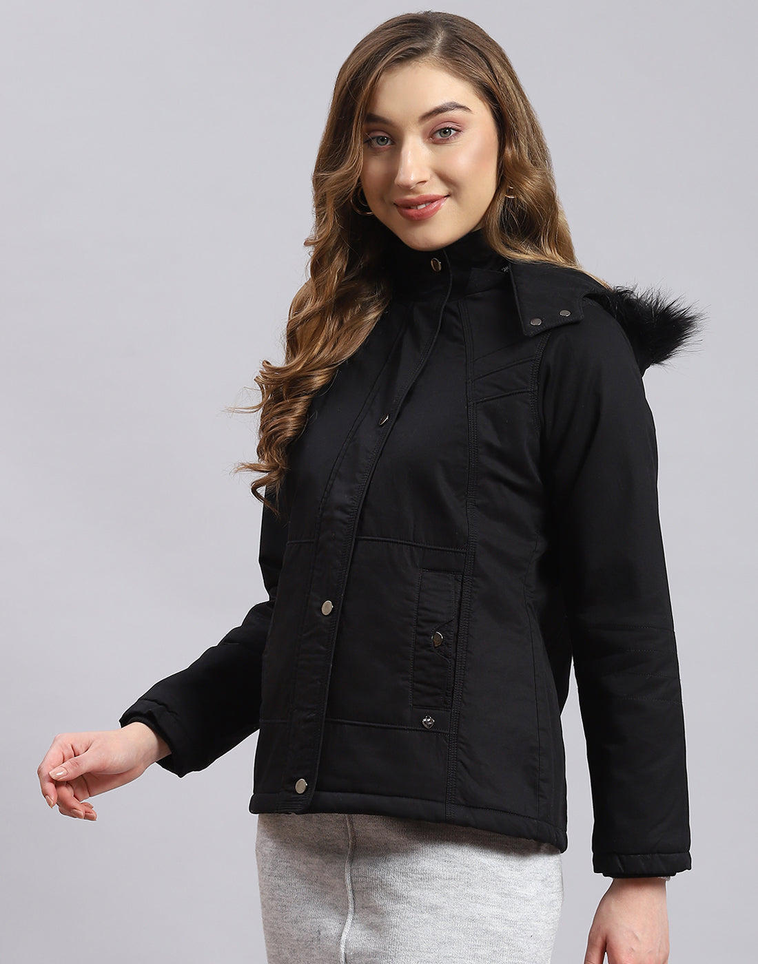 Women Black Solid Hooded Full Sleeve Jacket