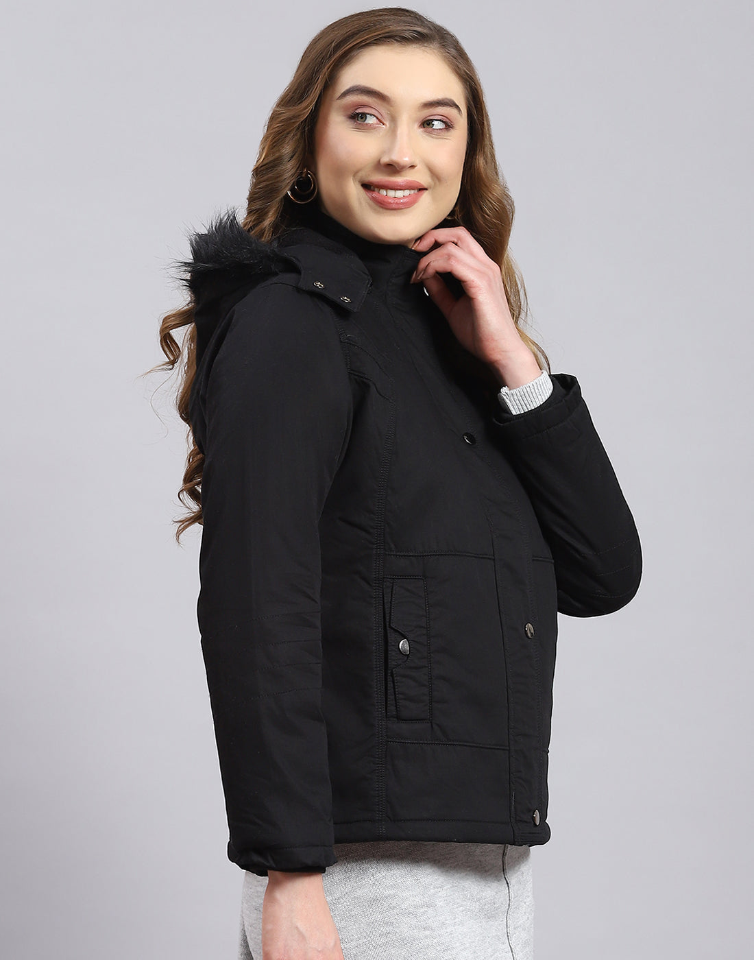 Women Black Solid Hooded Full Sleeve Jacket