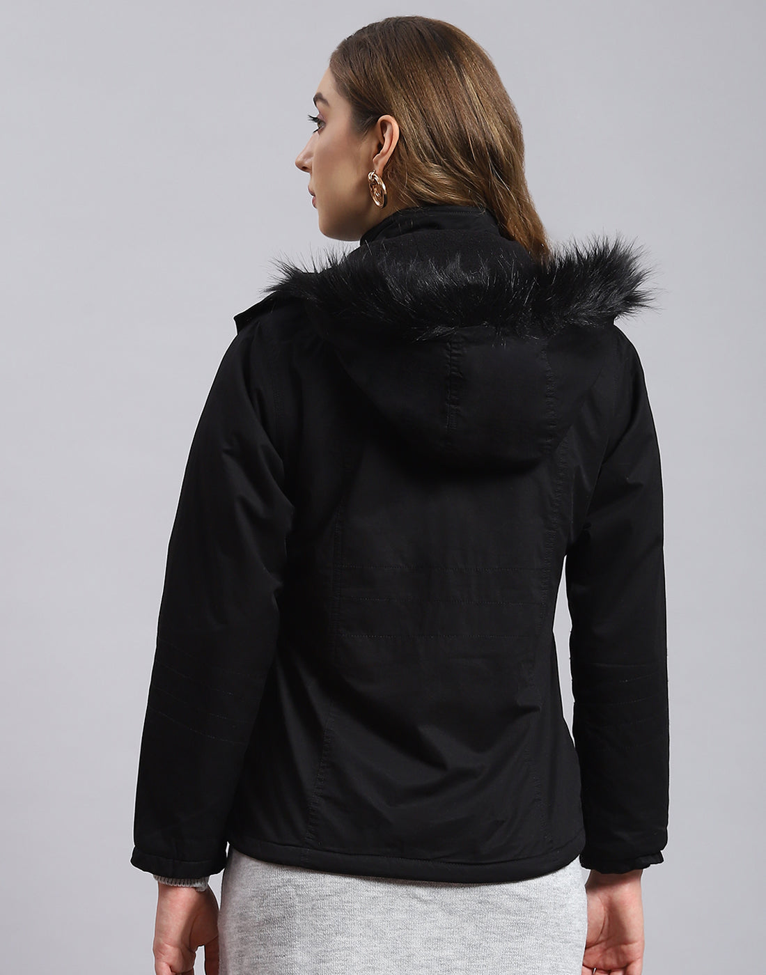 Women Black Solid Hooded Full Sleeve Jacket