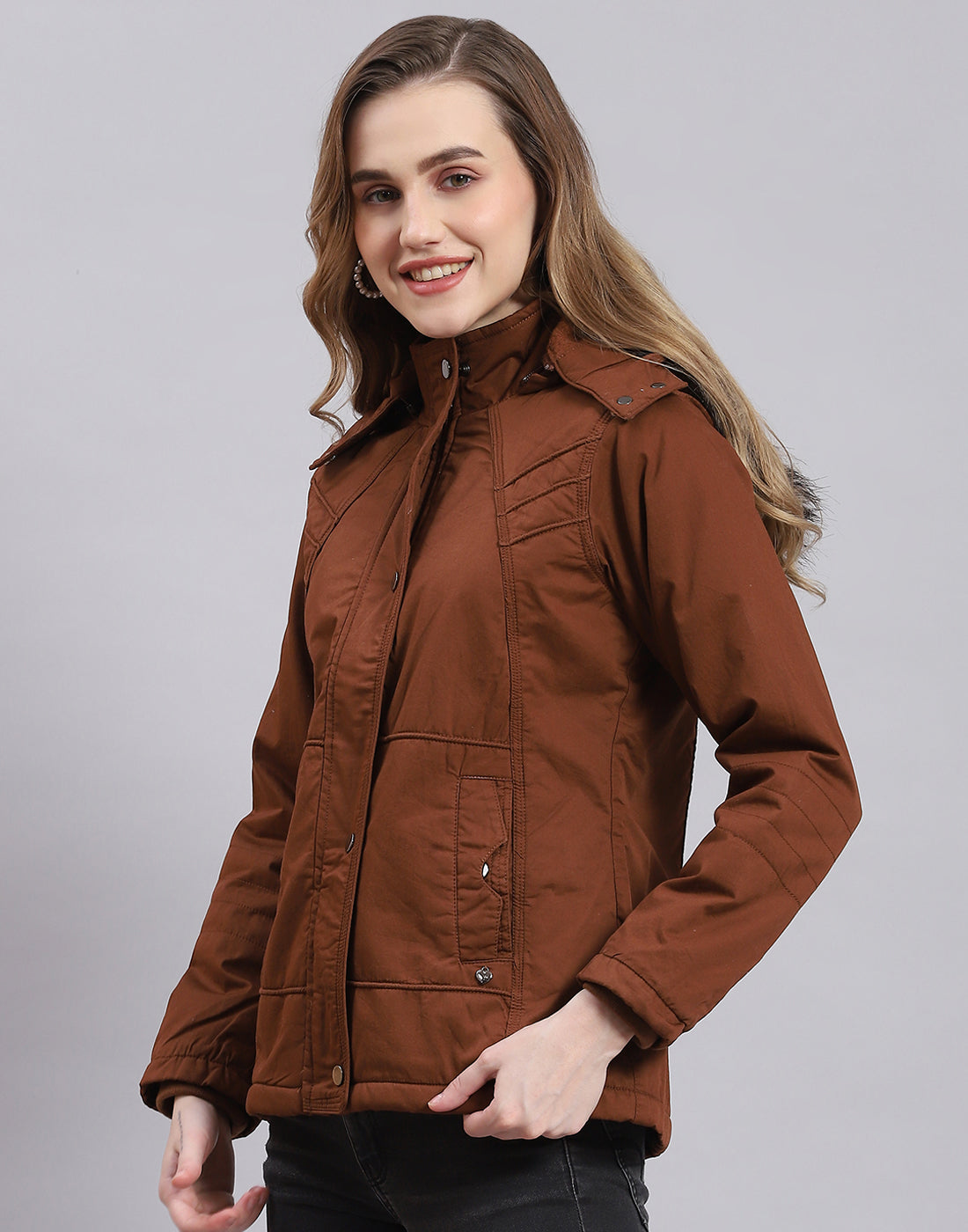 Women Brown Solid Hooded Full Sleeve Jacket