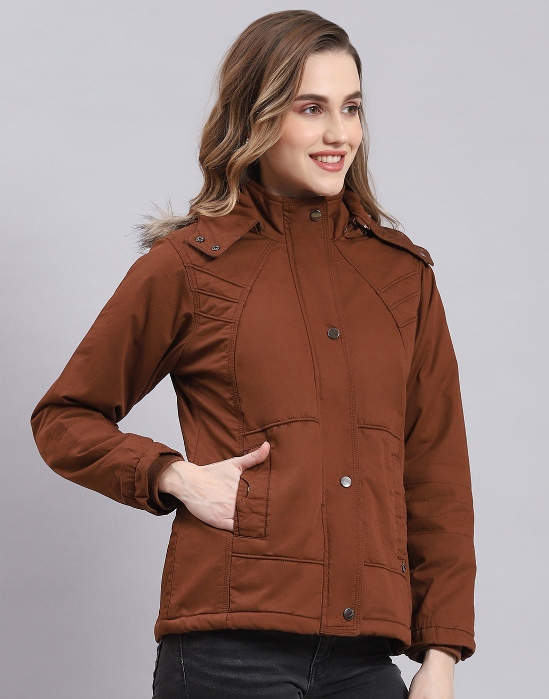 Women Brown Solid Hooded Full Sleeve Jacket