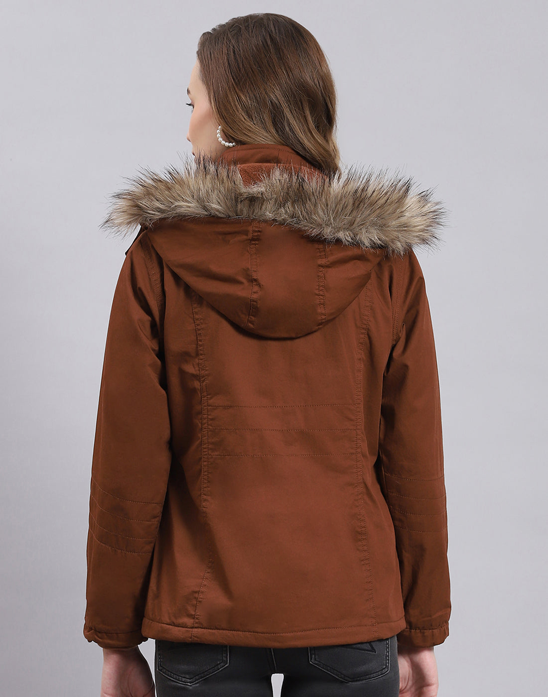 Women Brown Solid Hooded Full Sleeve Jacket