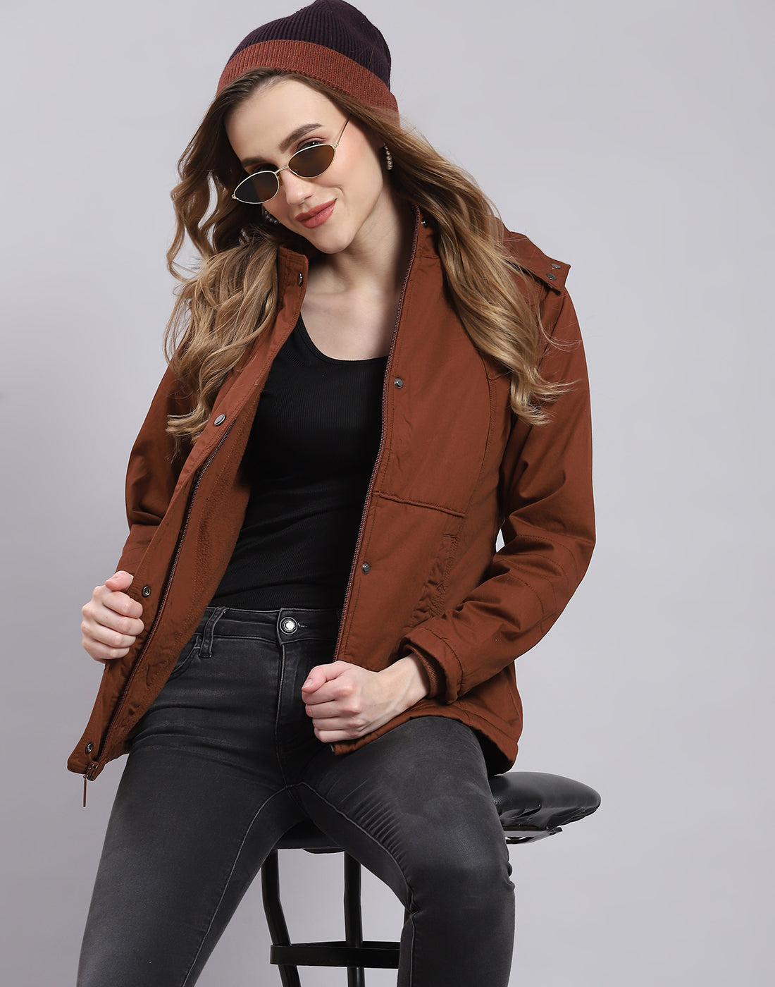 Women Brown Solid Hooded Full Sleeve Jacket