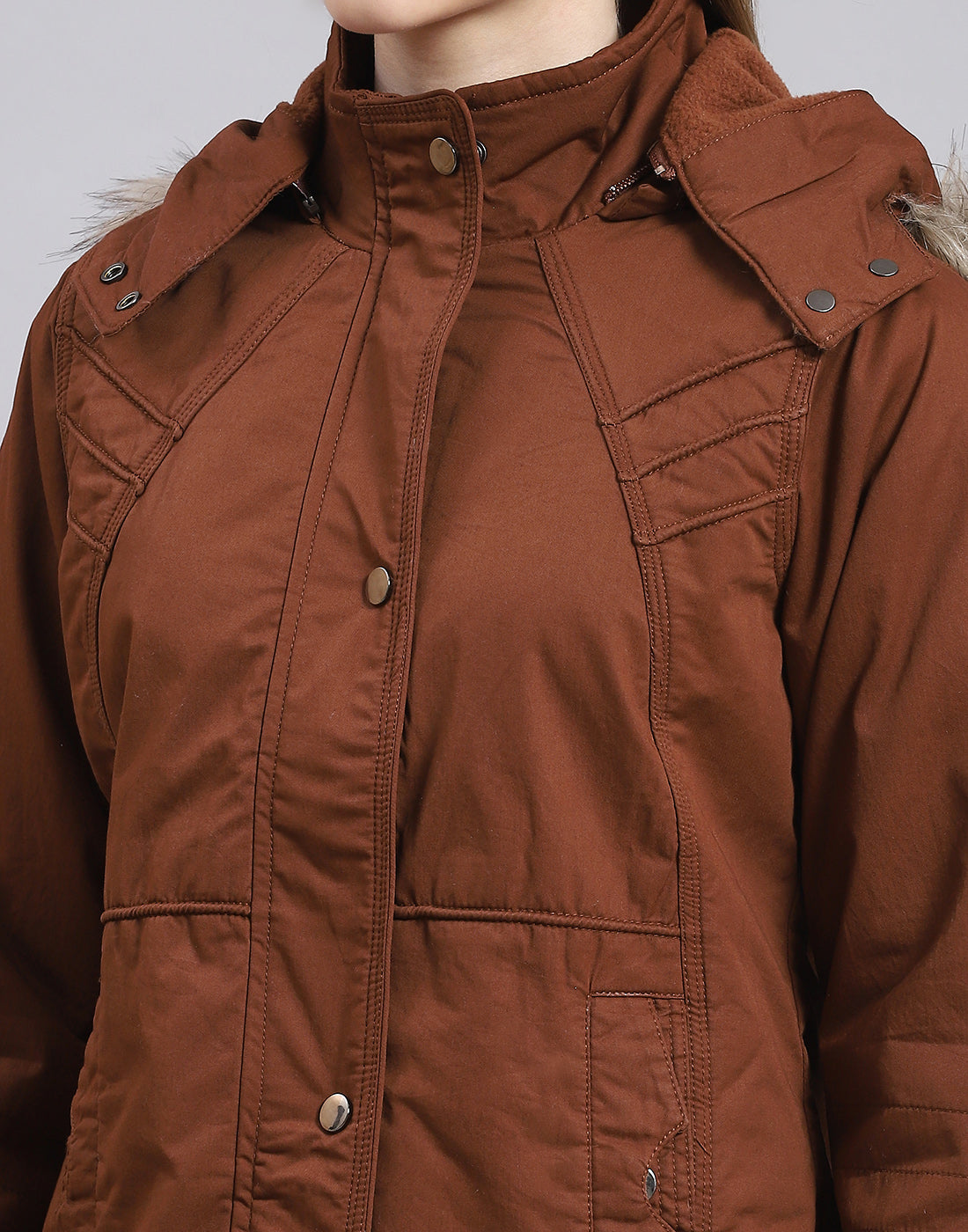 Women Brown Solid Hooded Full Sleeve Jacket