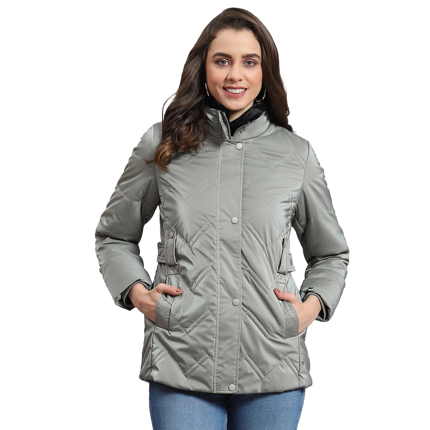 Women Grey Solid Stand Collar Full Sleeve Jacket