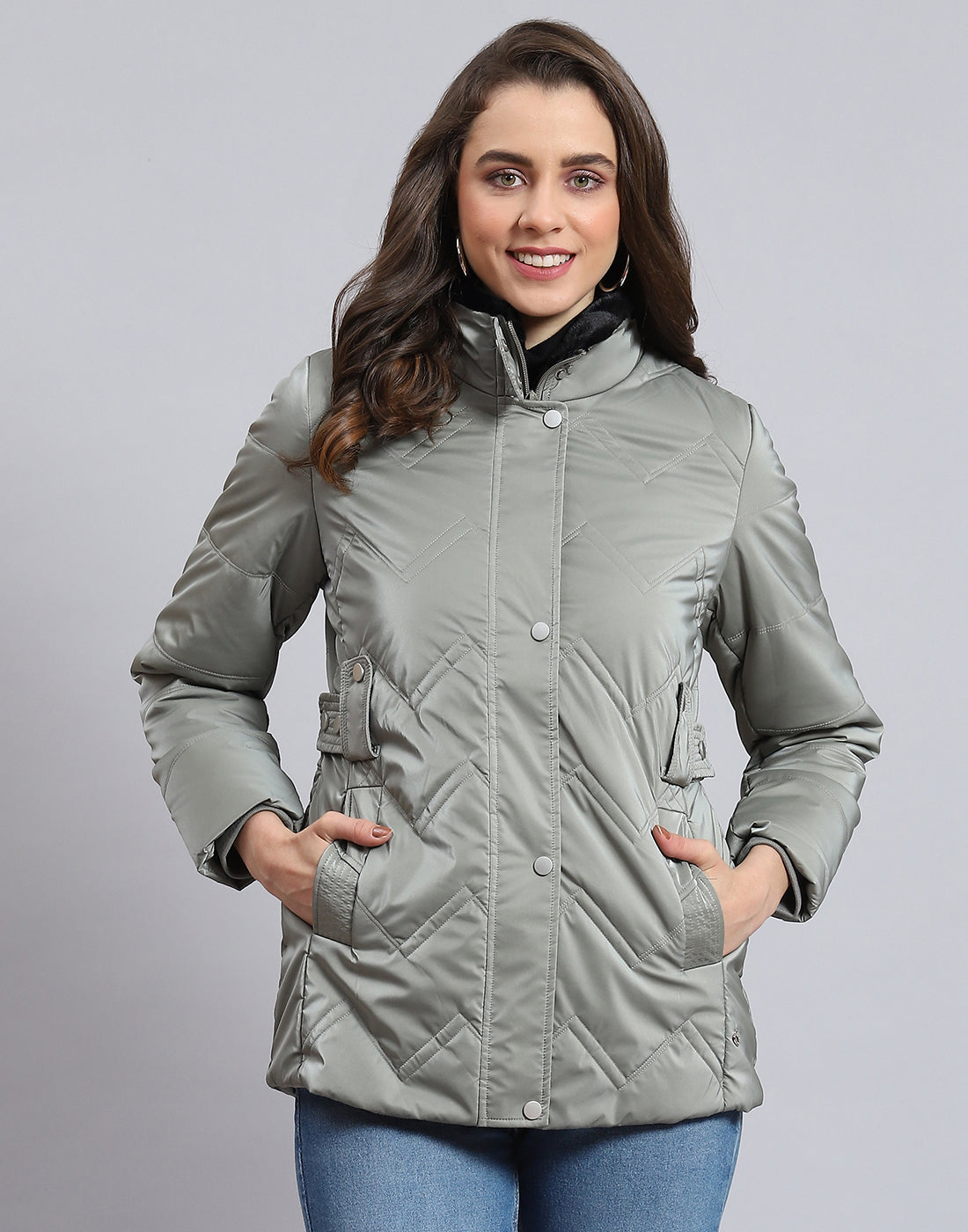 Women Grey Solid Stand Collar Full Sleeve Jacket