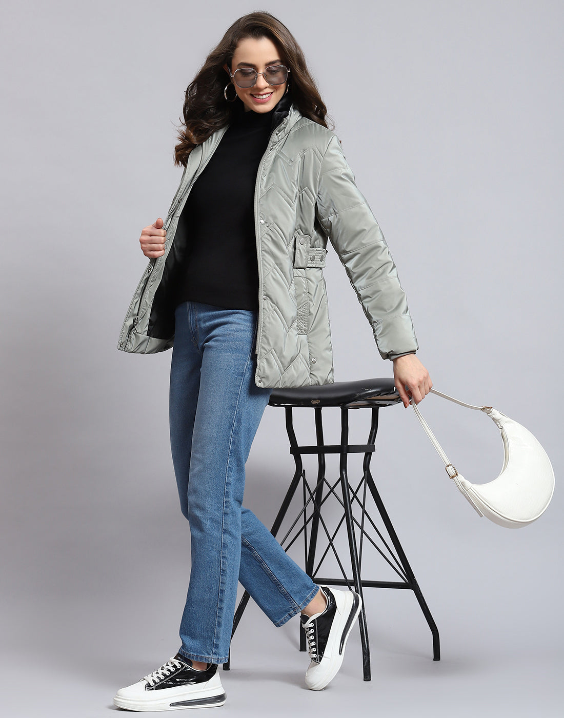 Women Grey Solid Stand Collar Full Sleeve Jacket