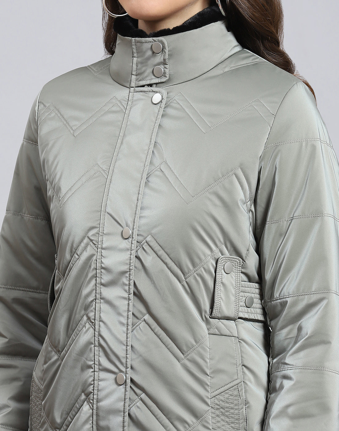 Women Grey Solid Stand Collar Full Sleeve Jacket