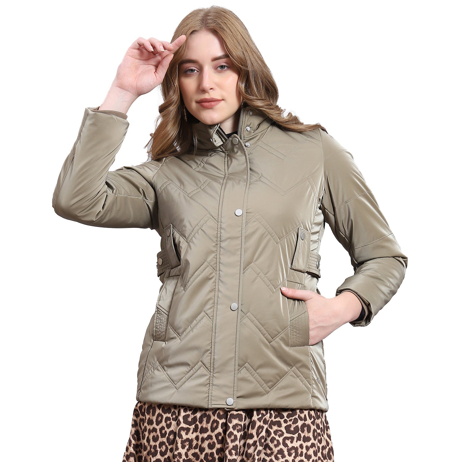 Women Khaki Solid Stand Collar Full Sleeve Jacket