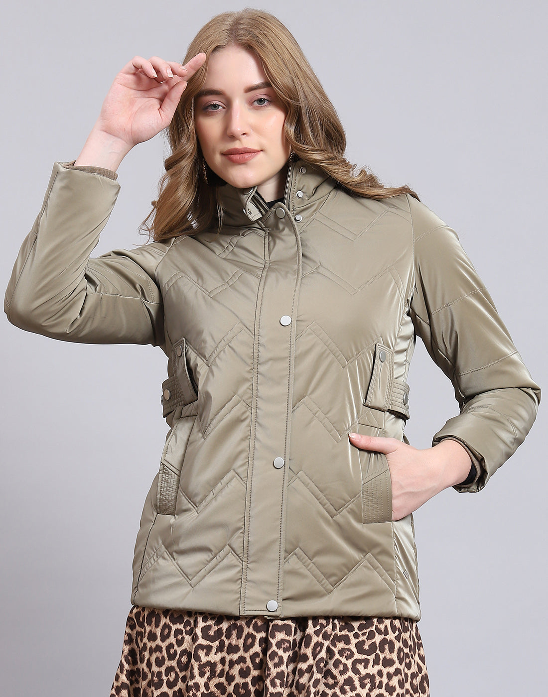 Women Khaki Solid Stand Collar Full Sleeve Jacket